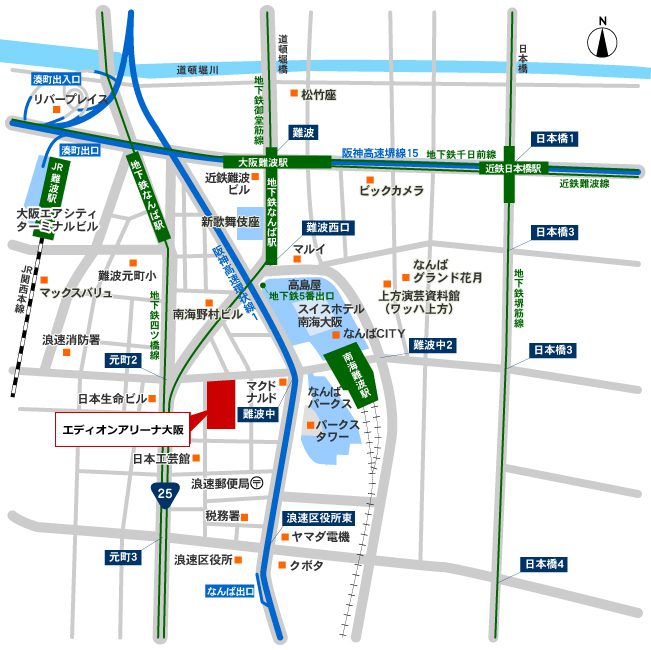 エディオンアリーナ大阪(大阪府立体育会館)のアクセスマップ画像