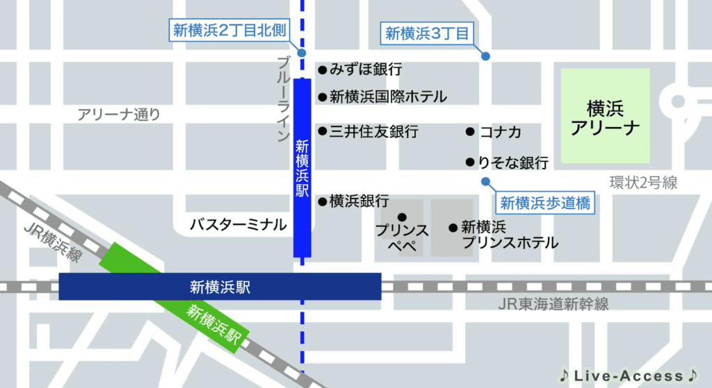 新横浜駅から横浜アリーナまでのアクセスマップ画像
