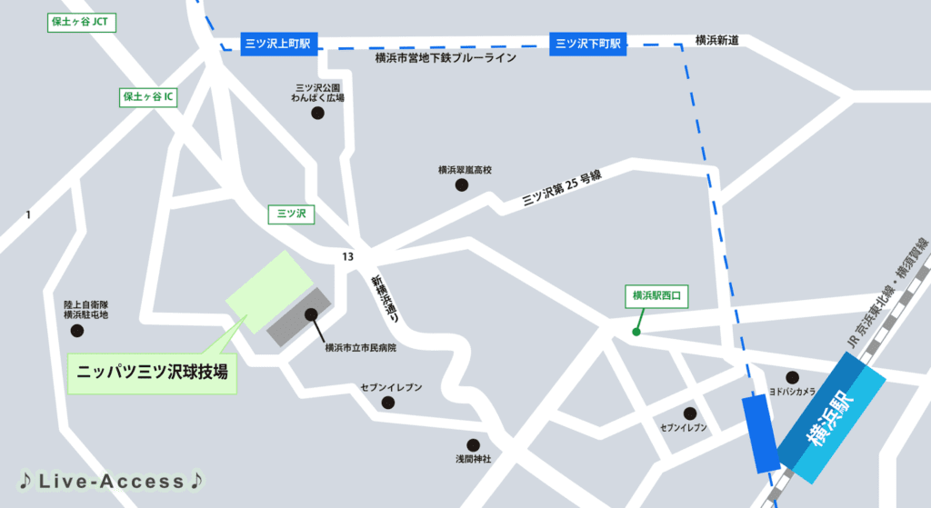 ニッパツ三ツ沢球技場のアクセスマップ画像